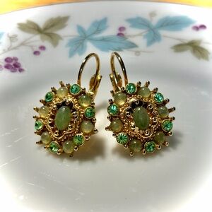 Vintage Joan Rivers Green Rhinestone & Cabochon Lever Back Dangle Earrings